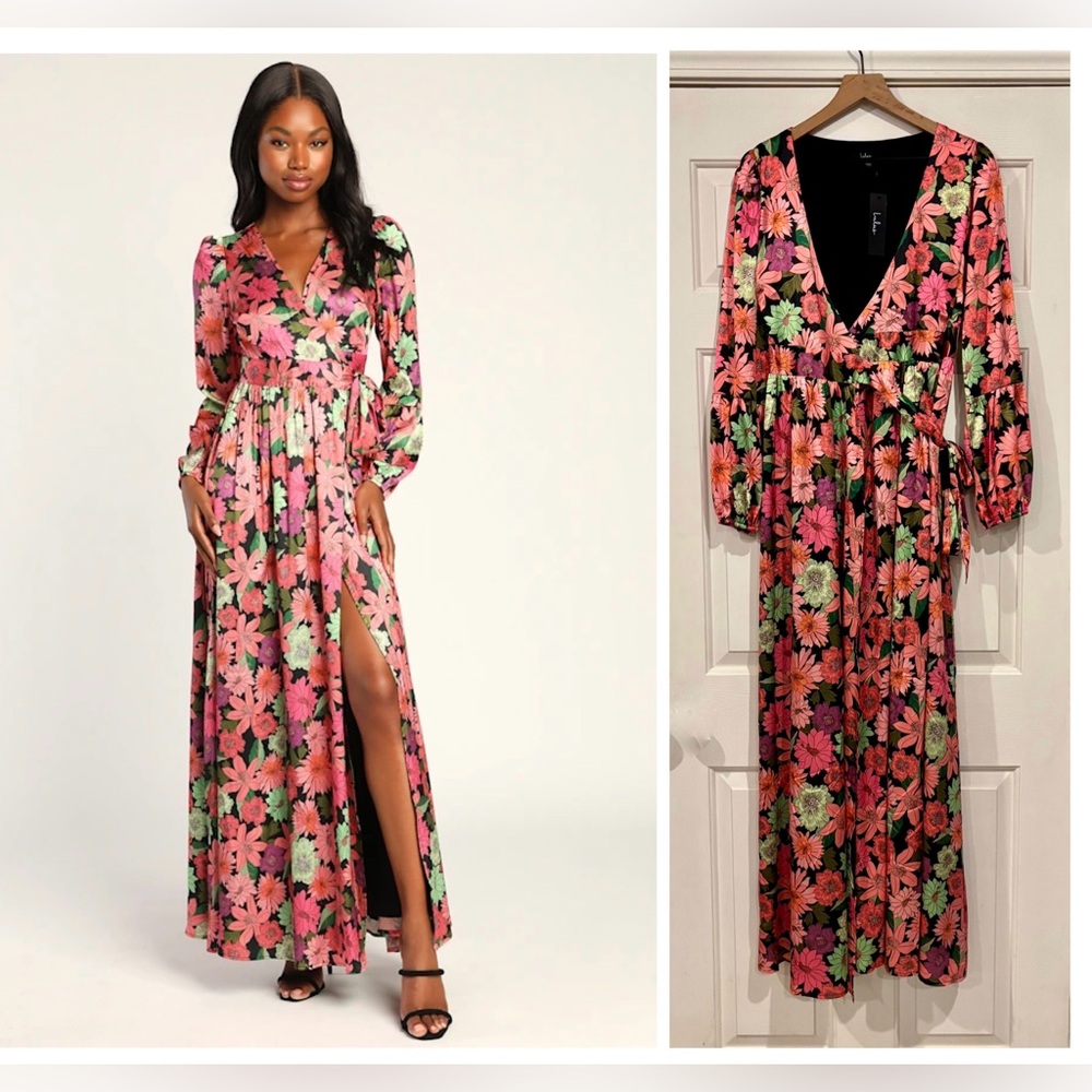 Lulus In the Groove Black Multi Floral Long Sleeve Wrap Maxi Dress • L • NWT